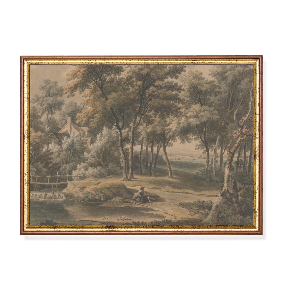 Boy Resting by the River Bridge Vintage Countryside Sketch Art Poster