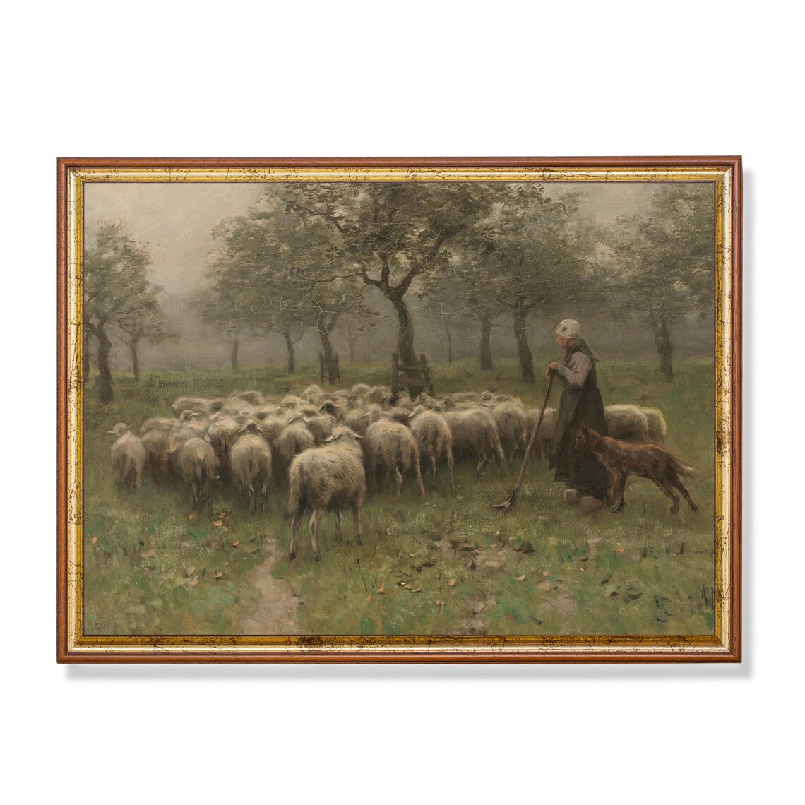 Vintage Country Landscape With Shepherdess, Art Print