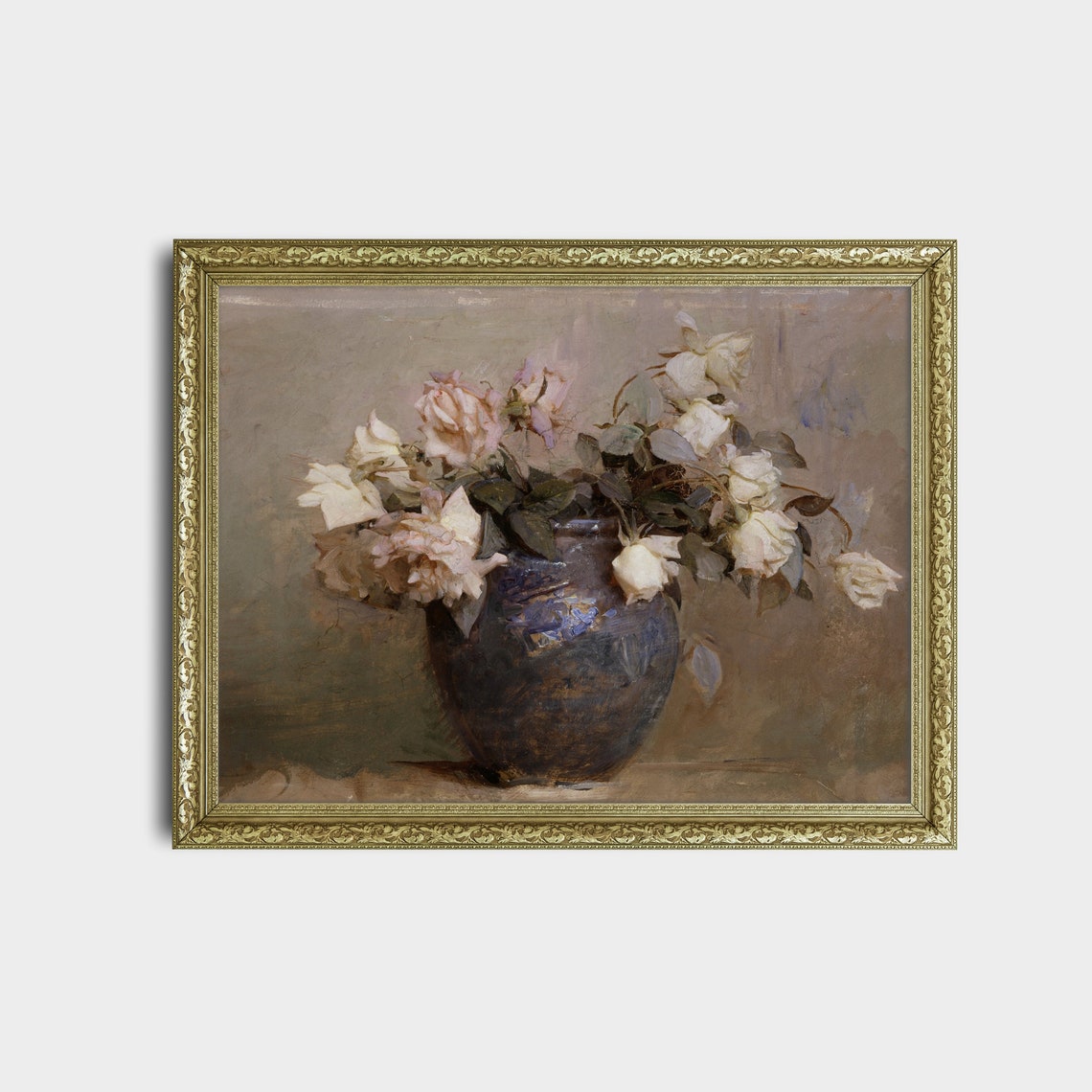 Blue Ceramic Vase with White Roses Vintage Floral Still Life Poster - Image 2