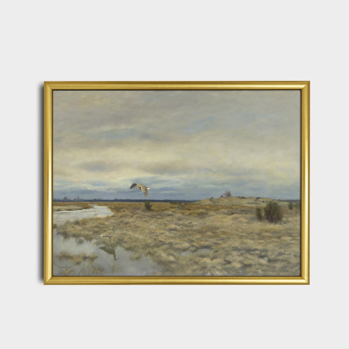 Dusk Wetland Landscape With Flying and Wading Geese Antique Poster - Image 2