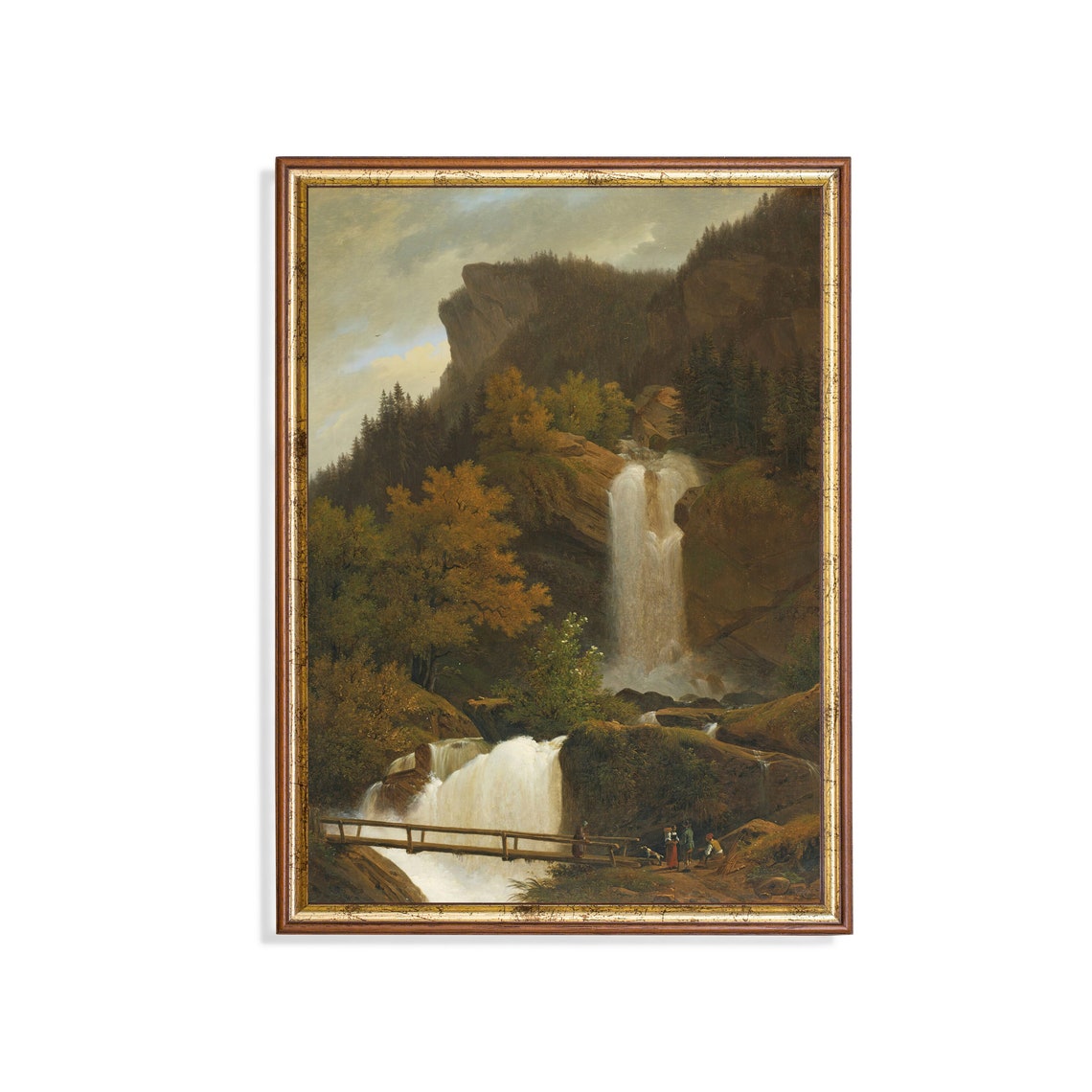 Printed And Shipped Vintage Waterfall Painting Antique Mountain Landscape Rustic Moody Print Country Scenery Physical Prints