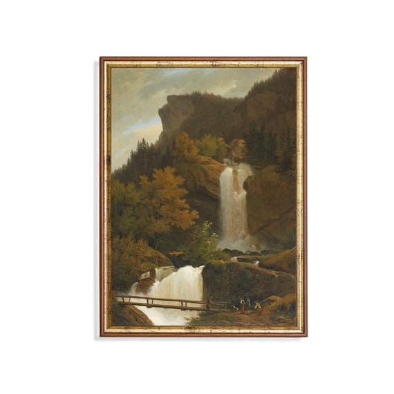 Printed And Shipped Vintage Waterfall Painting Antique Mountain Landscape Rustic Moody Print Country Scenery Physical Prints