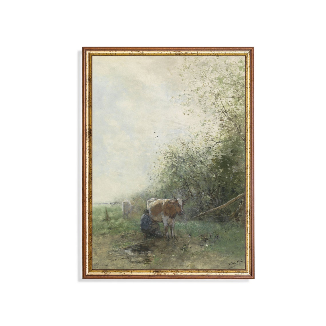 Farmer Milking Cow In Green Meadow Vintage Rural Scene Poster