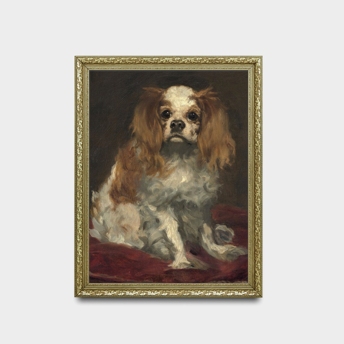 Spaniel Puppy on a Red Cushion Antique Dog Oil Portrait Poster - Image 2