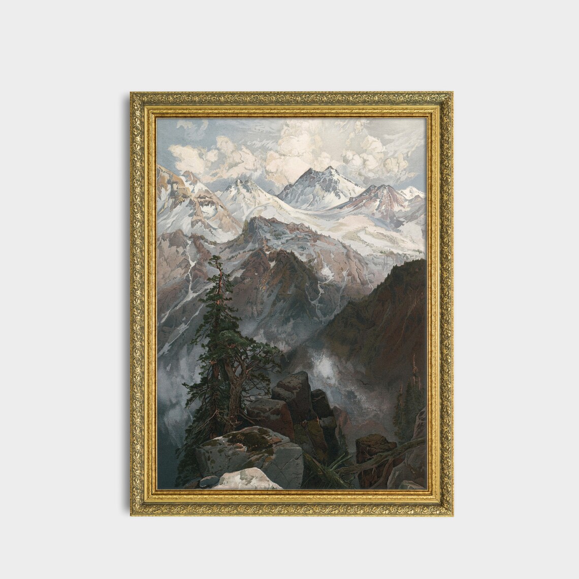 Snowy Mountain Peaks Painting Alpine Vista Vintage Landscape Wall Art - Image 3