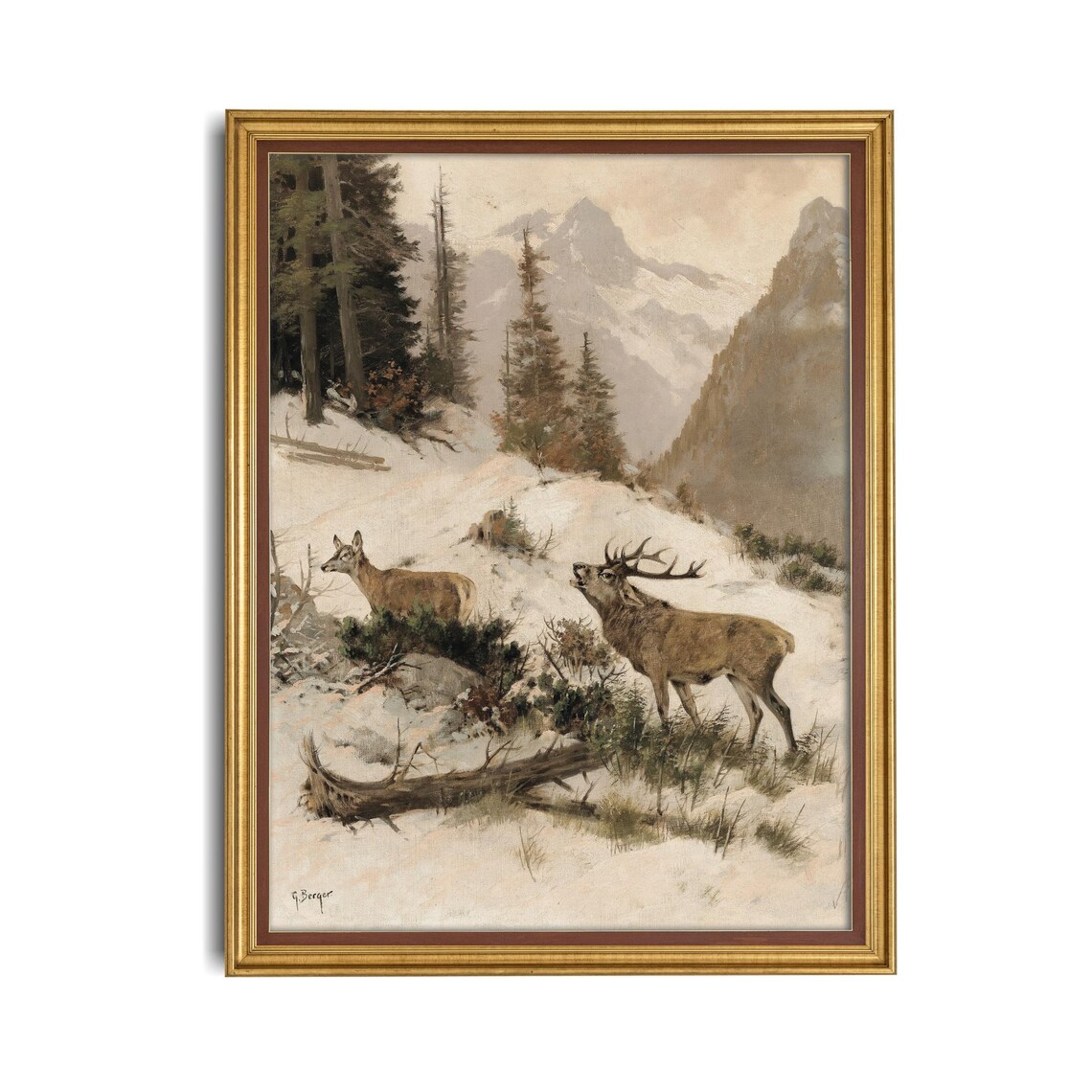Vintage Deer Winter Landscape Art Print, Cabin Decor - Image 4