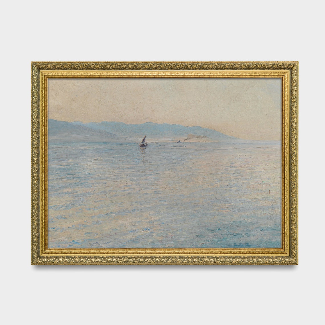 Lone Sailboat On Calm Misty Sea With Distant Hills Minimal Poster - Image 3