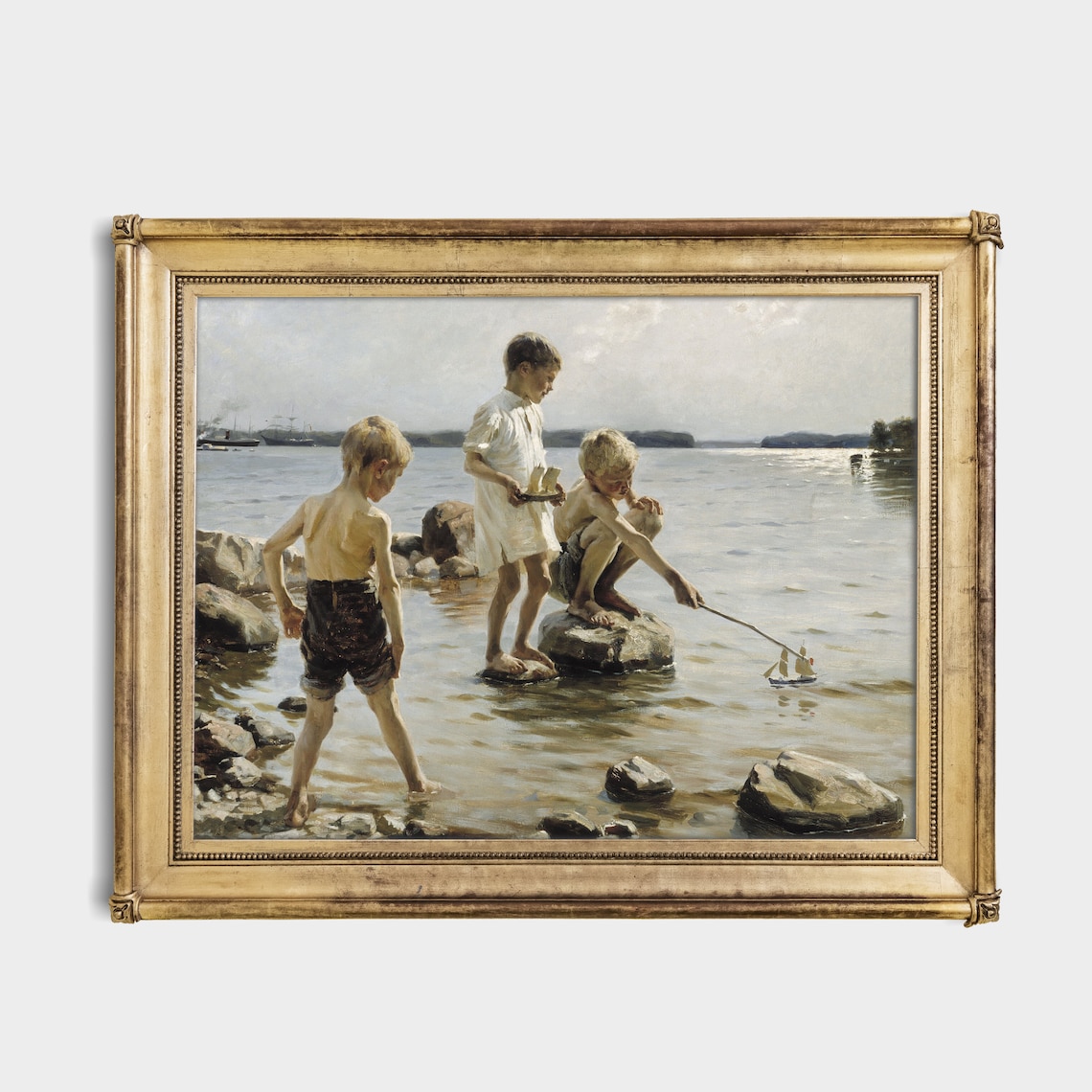 Three Boys Sailing a Toy Boat on a Rocky Shore Antique Painting Poster - Image 4