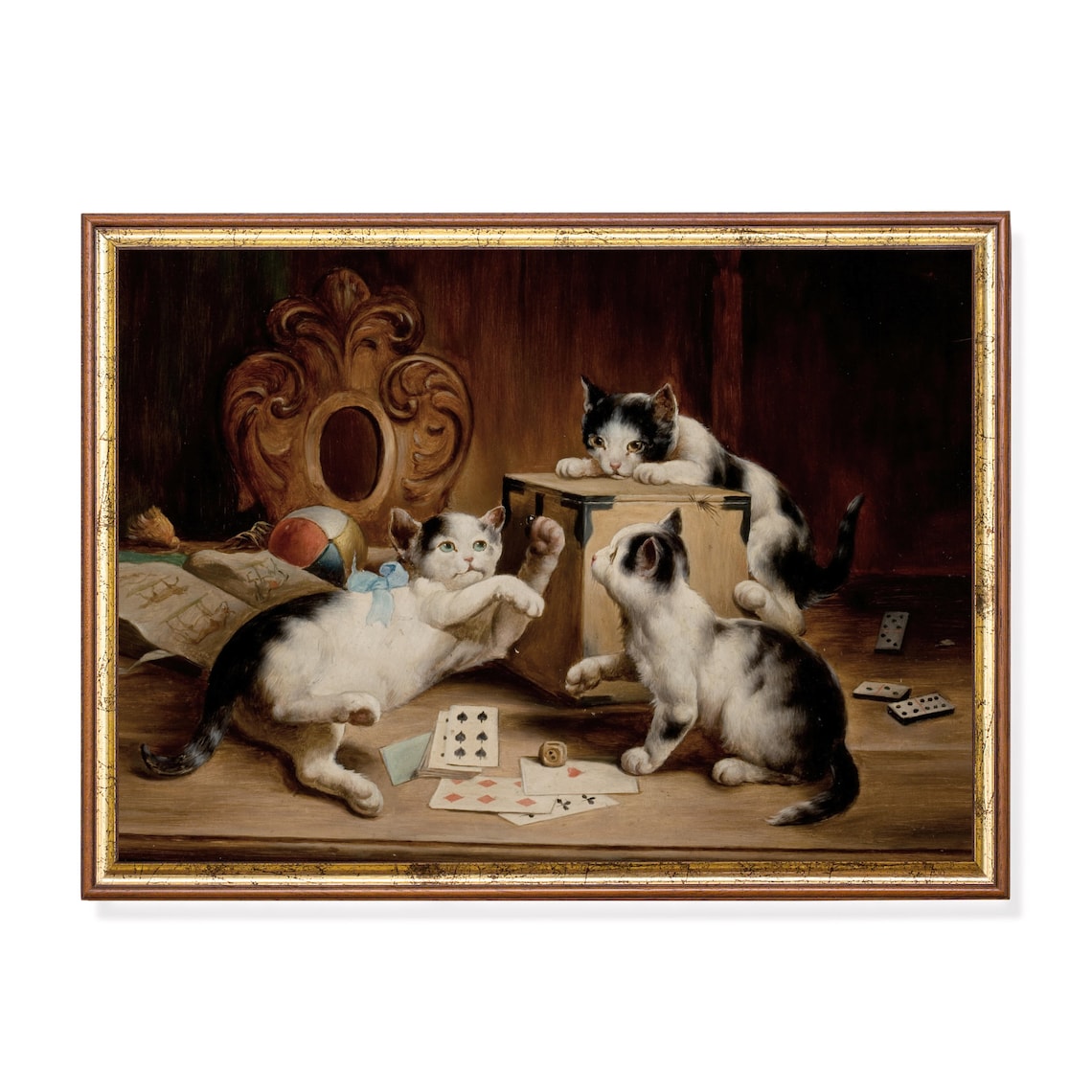 Three Kittens Playing Cards Dominoes Dice Vintage Whimsical Cat Art Poster