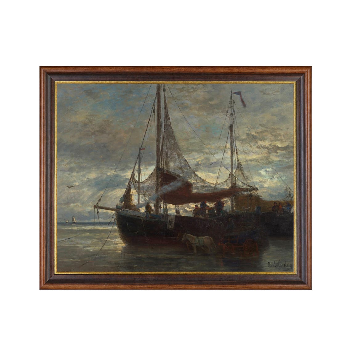 Fishing Boat Harbor Sunset Vintage Nautical Seascape Art Poster