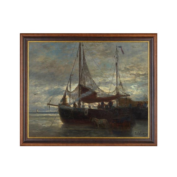 Printed And Shipped Vintage Sailing Boat Painting Antique Seascape Print Moody Rustic Ocean Beach Nautical Decor Sunset Print
