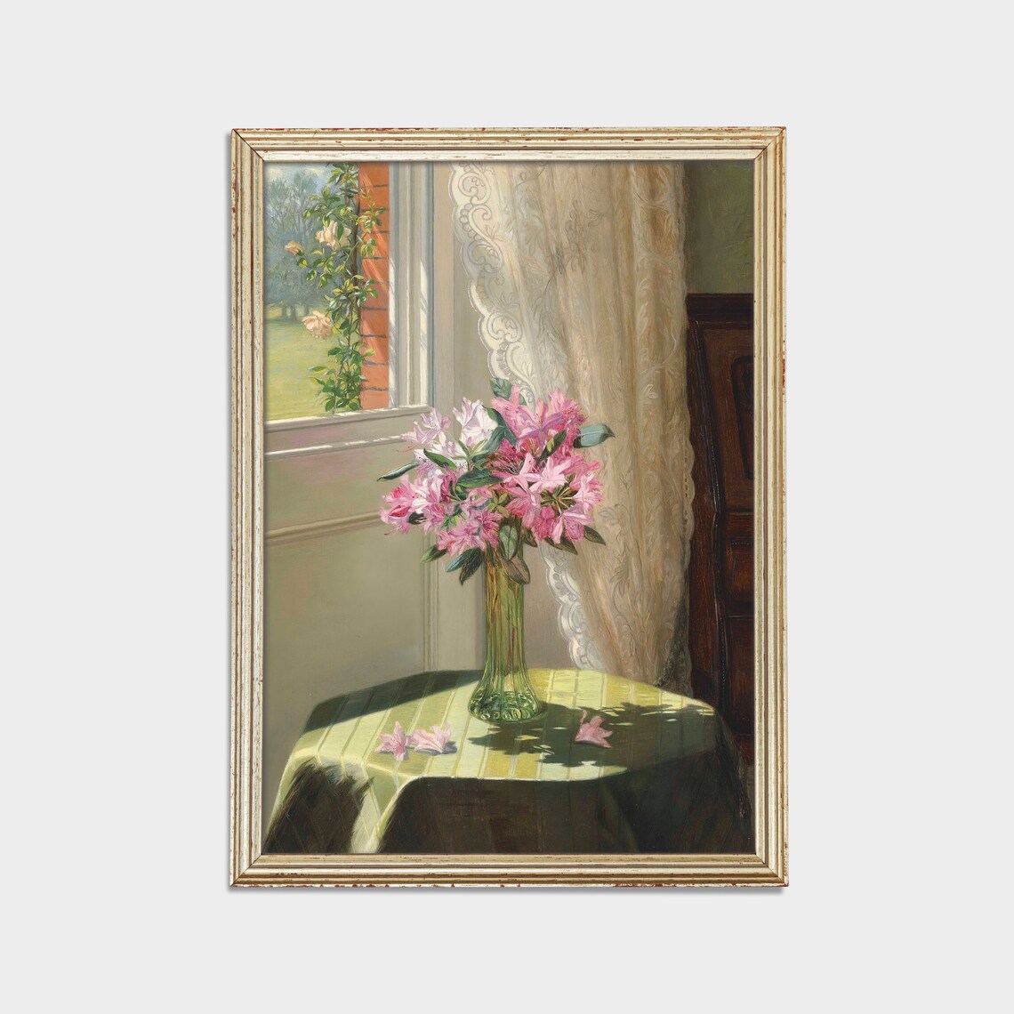 Pink Rhododendrons in a Green Glass Vase by a Sunny Window Poster - Image 2