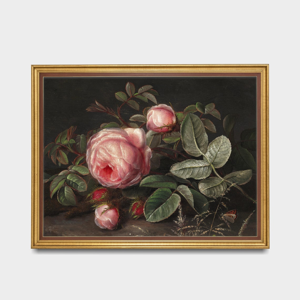 Pink Roses with Buds Dark Background Still Life Oil Painting Poster - Image 3