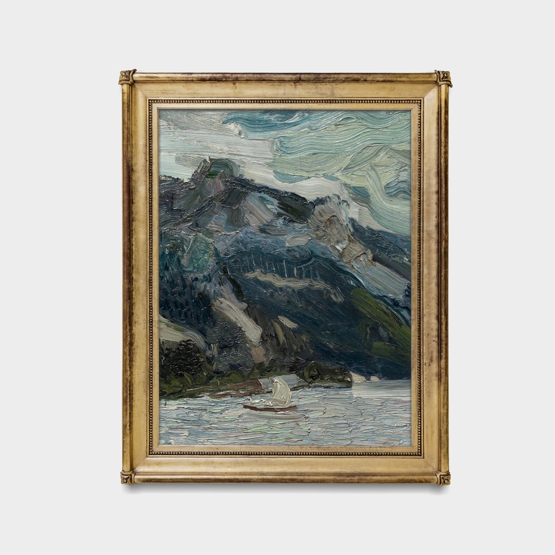 Sailboat Beneath Dark Mountains Expressive Impasto Lake Scene Poster - Image 3