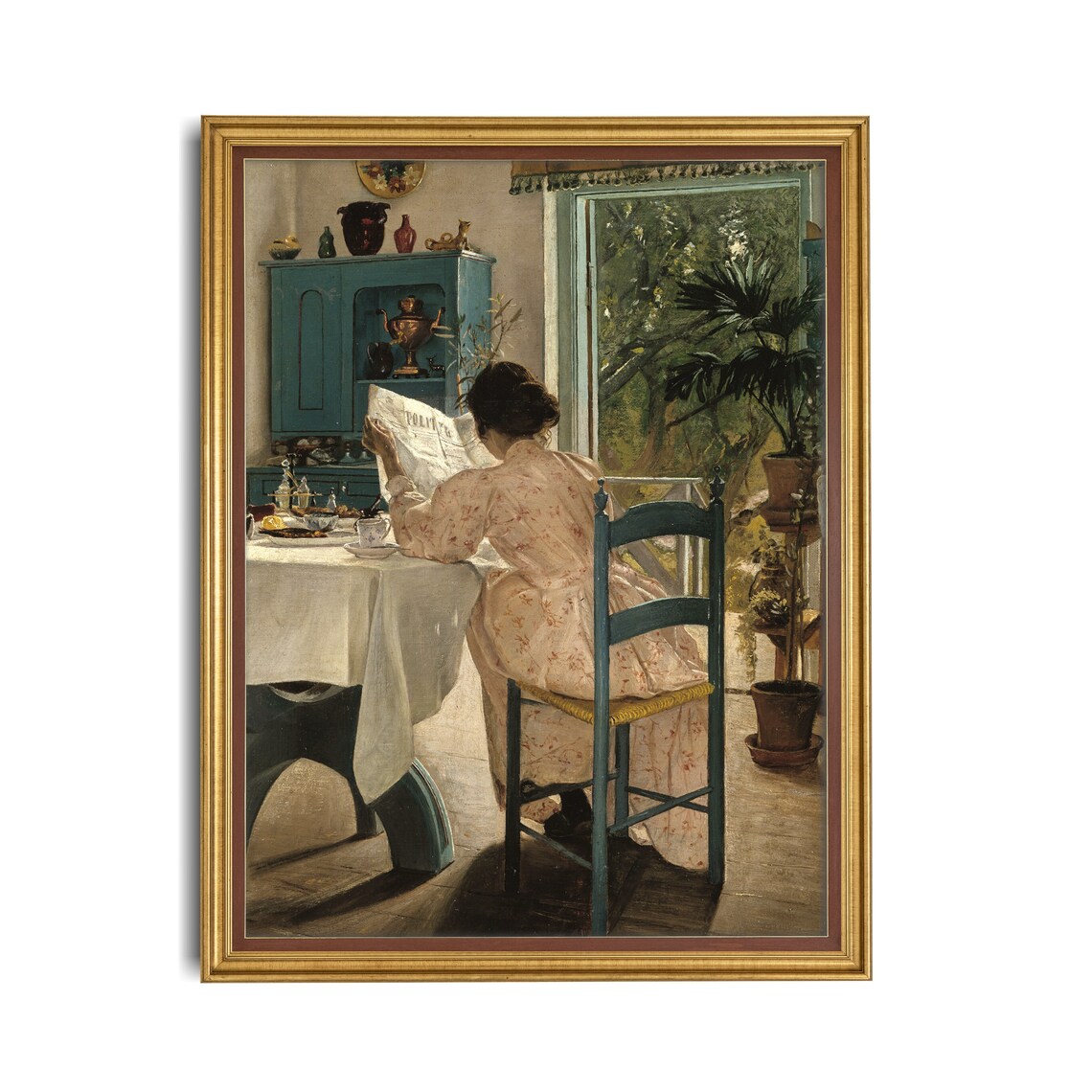 Woman Reading Newspaper at Breakfast Sunlit Impressionist Interior Poster - Image 5