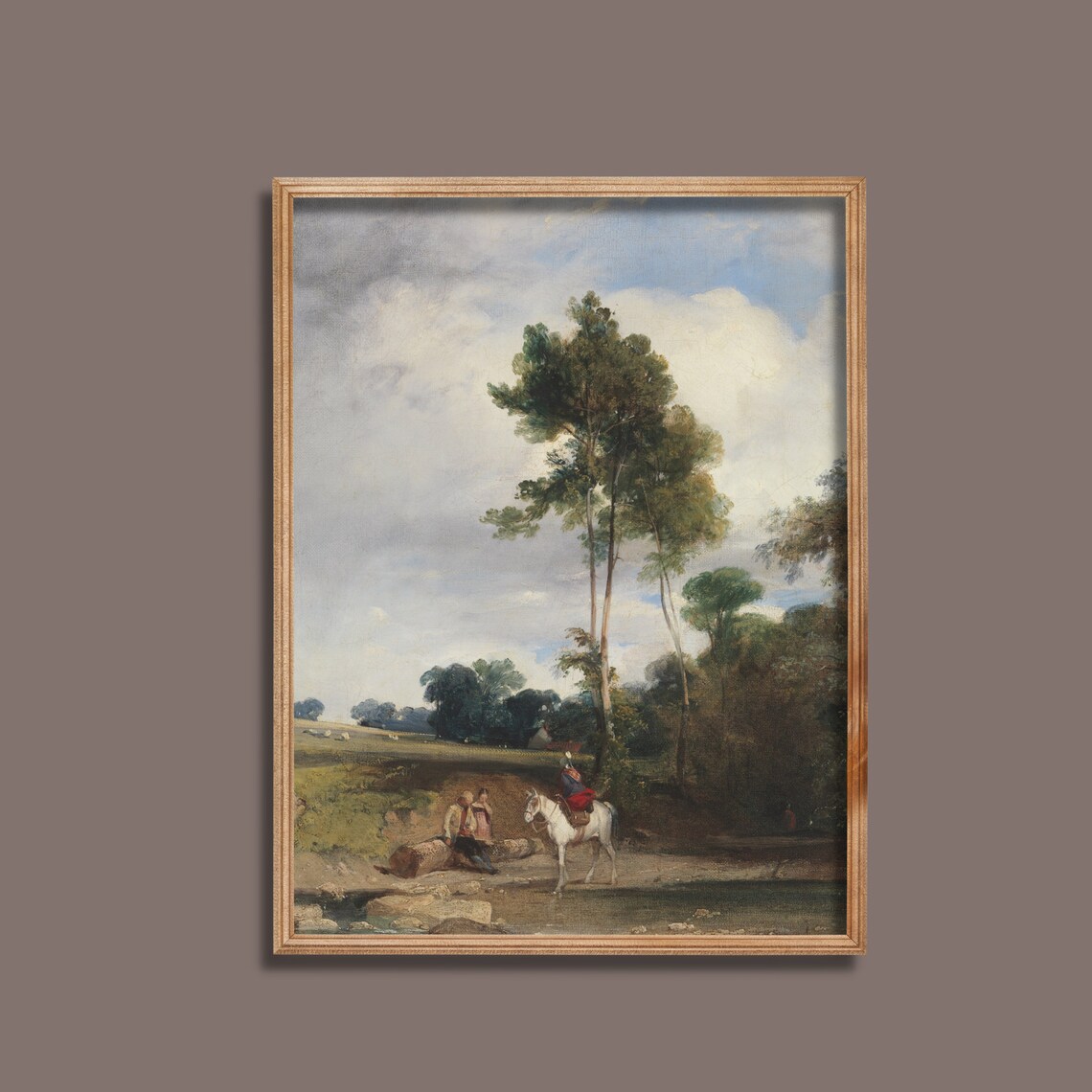 Horse Rider Crossing Stream Under Towering Trees Painting Poster - Image 4
