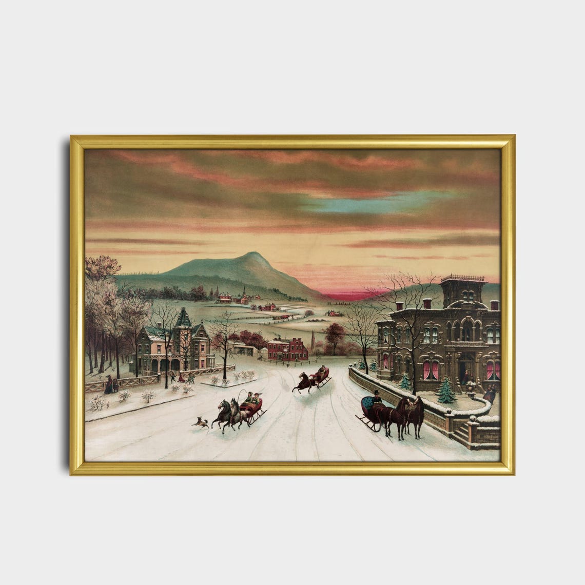 Sunset Winter Sleigh Ride Town Vintage Chromolithograph Poster - Image 2