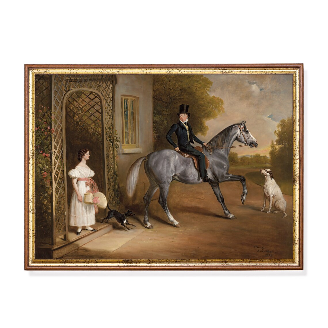Rider On Grey Horse At Country House Vintage Sporting Art Poster