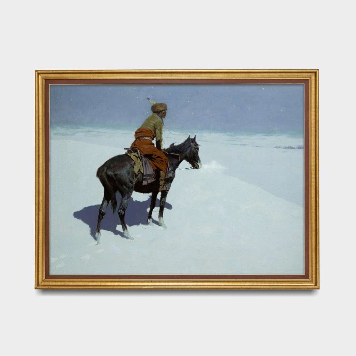 Moonlit Snow Prairie Scout on Horseback Vintage Western Art Poster - Image 5