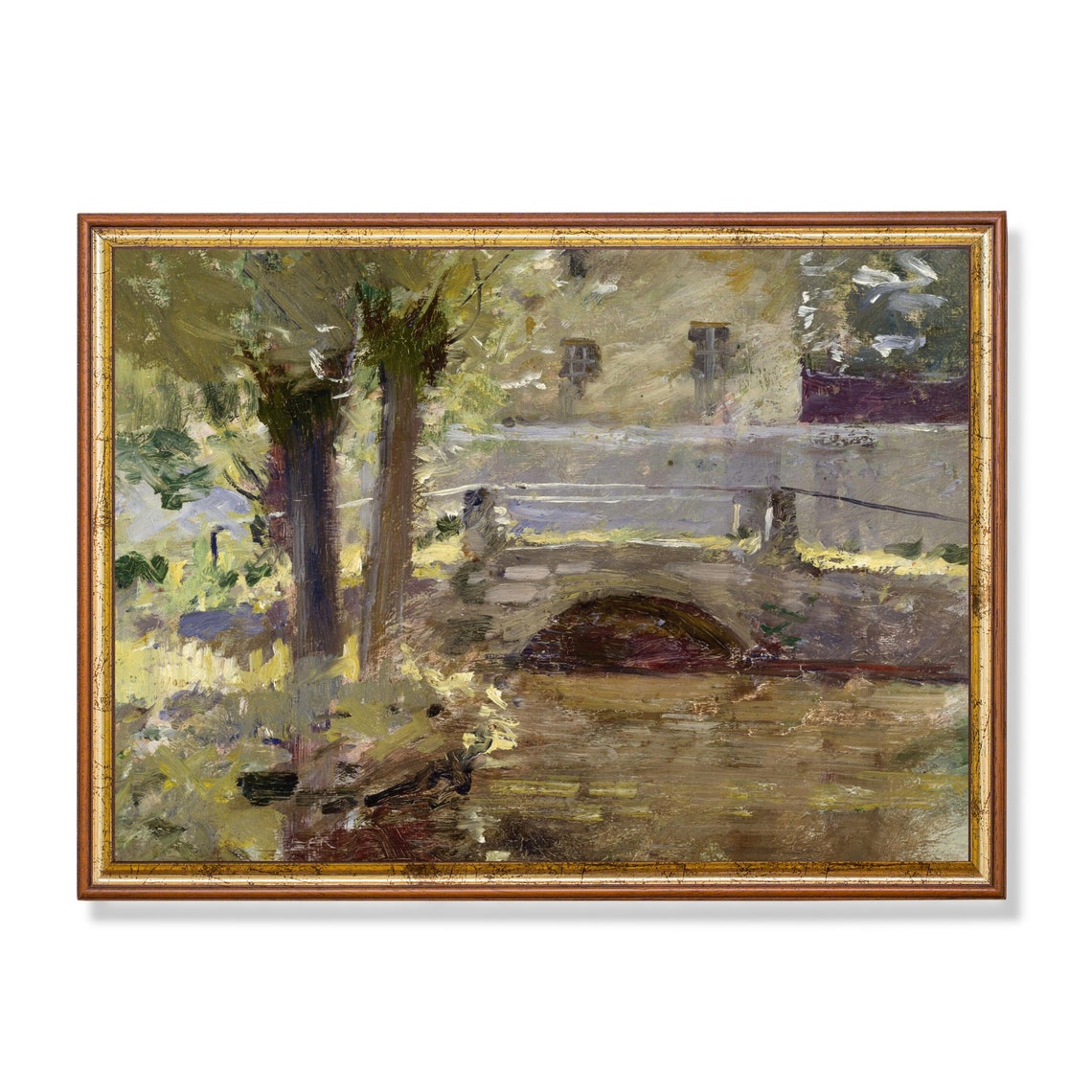 Stone Bridge Over River Beside Village Vintage Landscape Poster