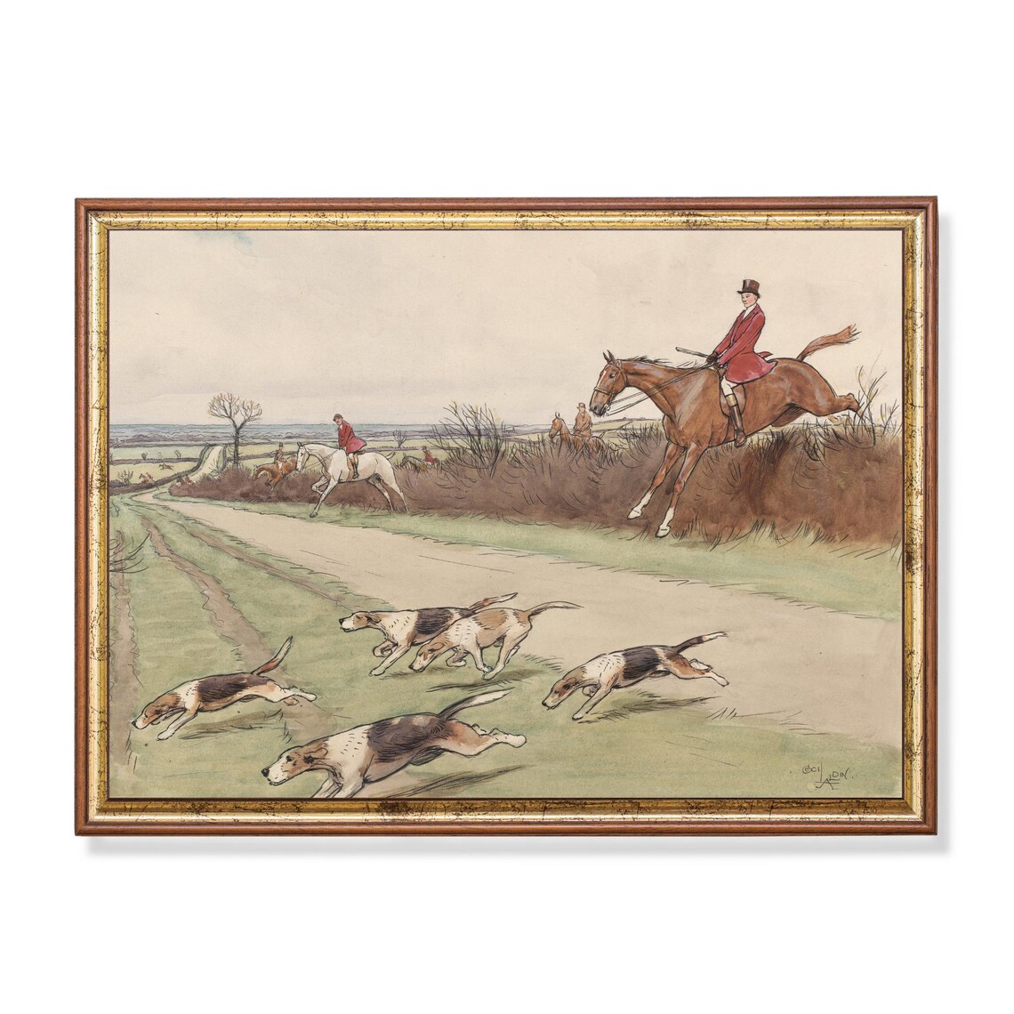 English Fox Hunting Scene Riders and Hounds Vintage Equestrian Poster