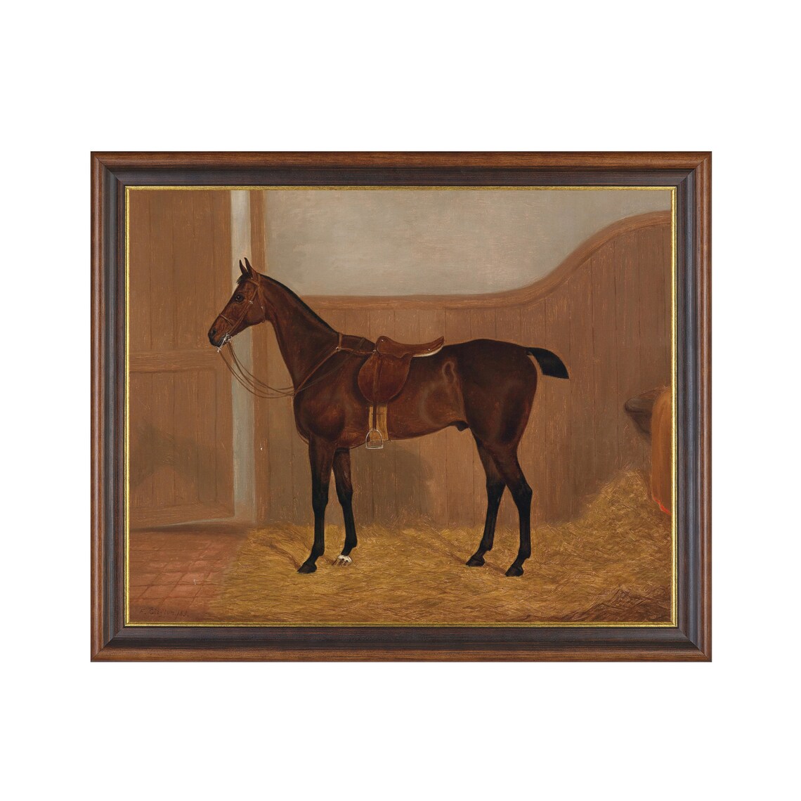 Saddled Bay Horse in Stable Vintage Equestrian Oil Painting Poster