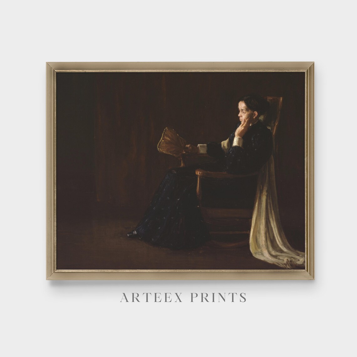 Seated Woman Holding a Fan Moody Dark Vintage Portrait Poster - Image 3