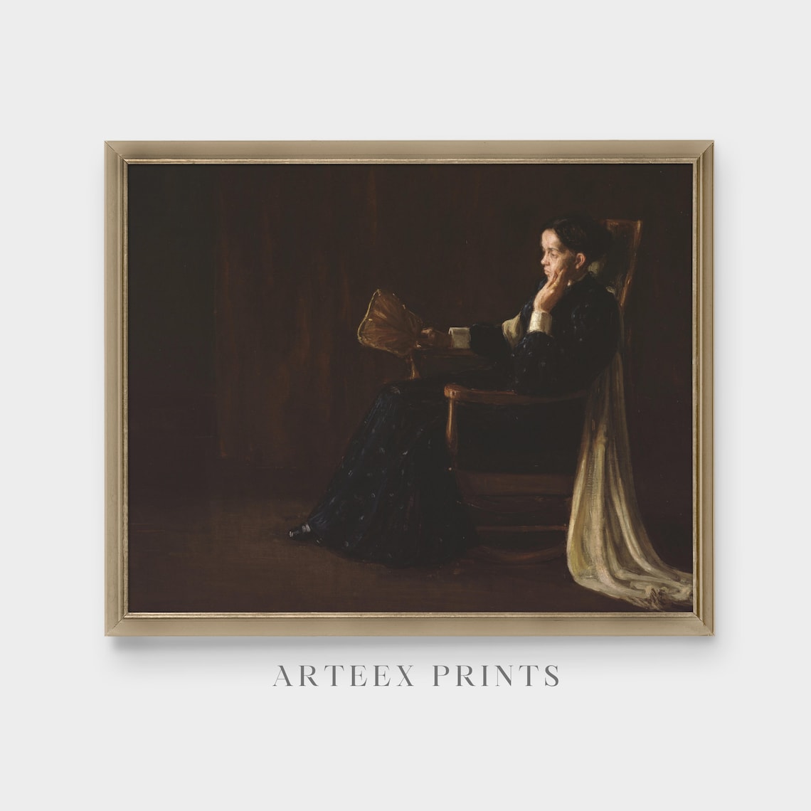 Seated Woman with Fan in Dark Room Moody Portrait Painting Poster - Image 5