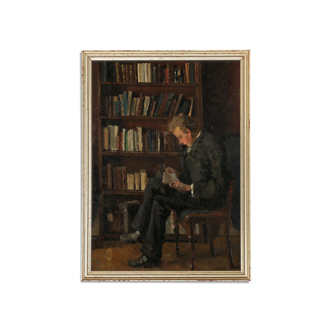 Gentleman Reading a Book Beside a Tall Bookshelf Vintage Poster - Image 3