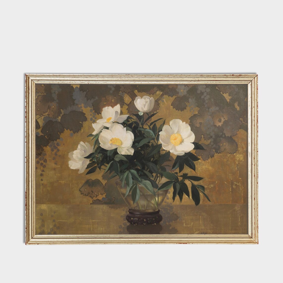 White Peonies In Glass Vase Antique Floral Painting Wall Poster - Image 3