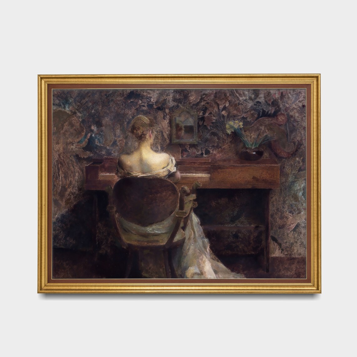 Woman at a Piano Seen from Behind Vintage Interior Oil Painting Poster - Image 2