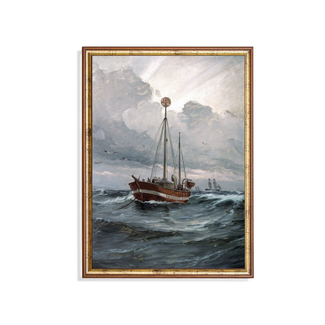 Print And Ship Vintage Sailing Ship Painting Antique Seascape Print Moody Rustic Fine Art Nautical Decor Mailed Print