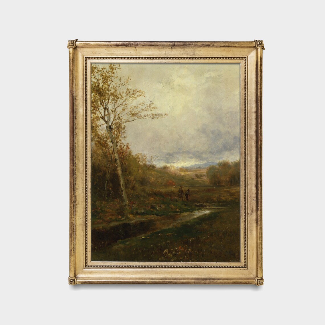 Moody Autumn Stream Birch Trees Two Figures Vintage Landscape Poster - Image 3