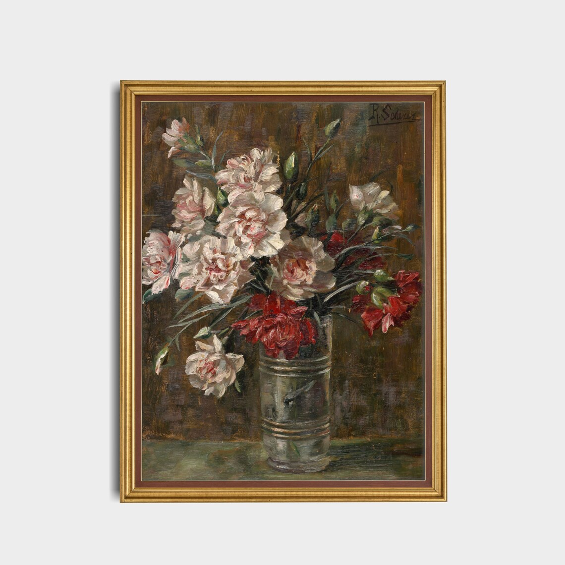 White and Red Carnations in a Glass Vase Vintage Floral Art Print - Image 5