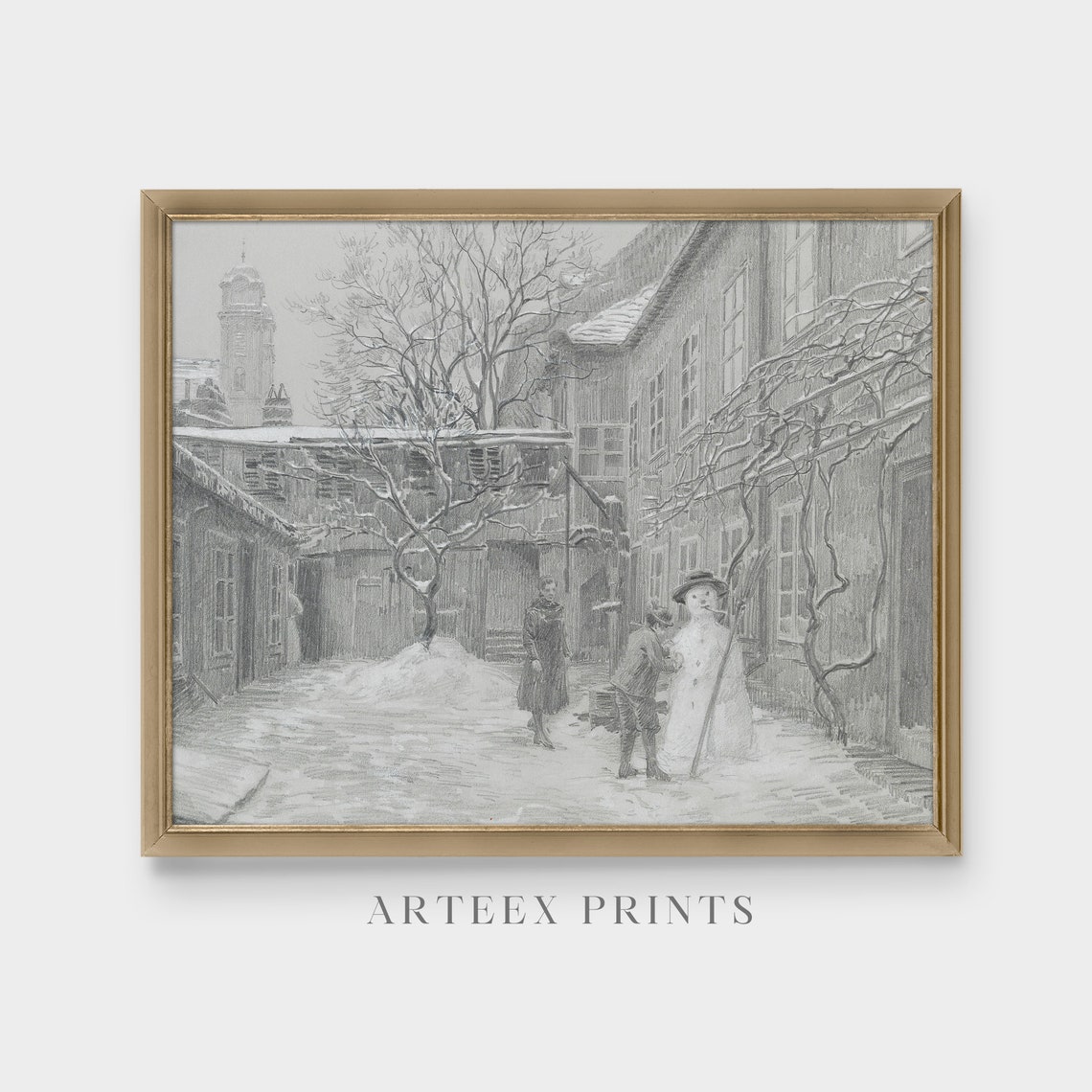Pencil Sketch of Children Building a Snowman in a Courtyard Poster - Image 3