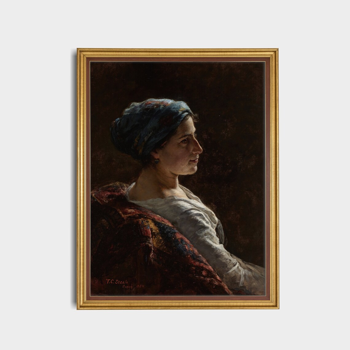 Woman In Blue Headscarf In Profile Signed T C Steele Dark Portrait Poster - Image 5