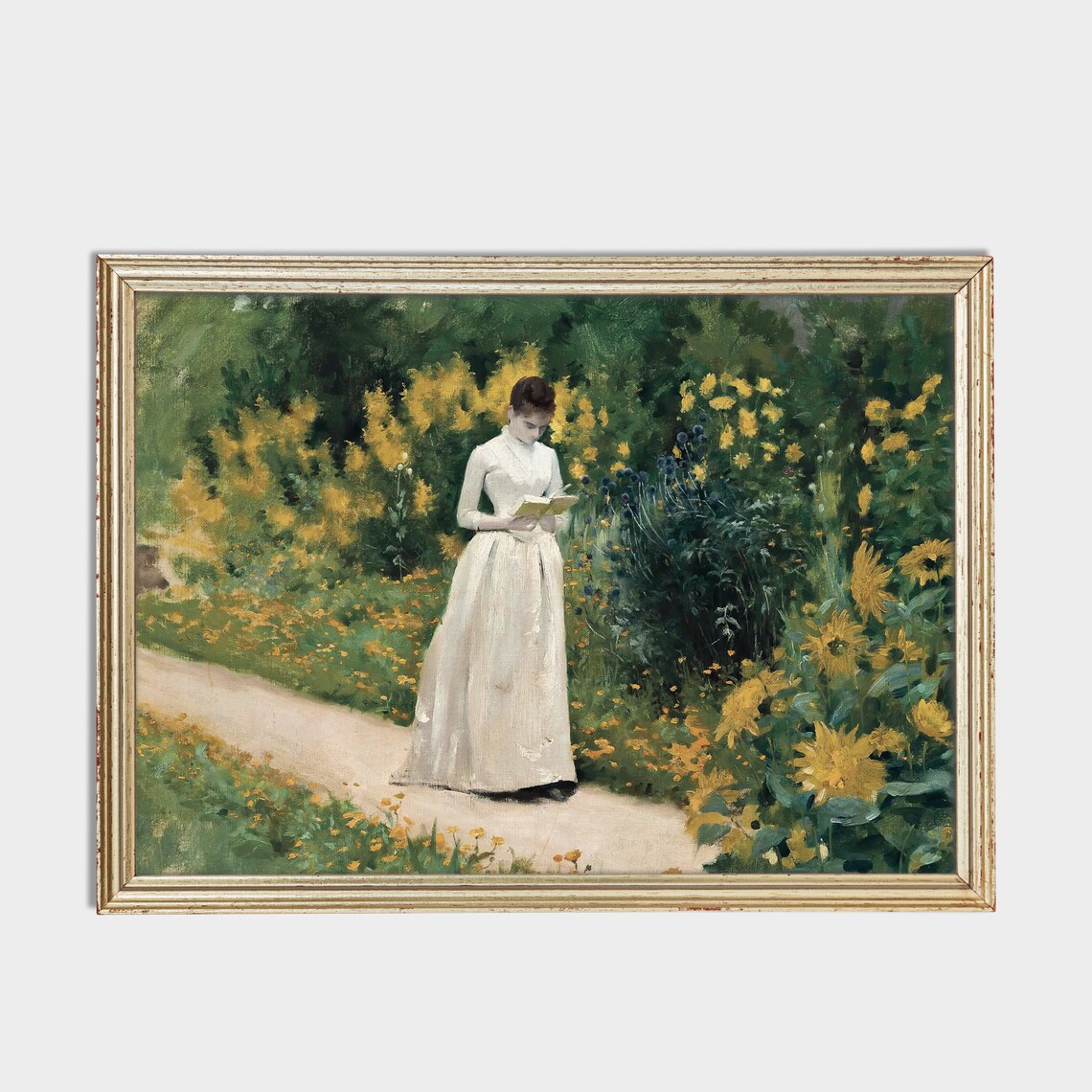Woman In White Dress Reading A Book In The Yellow Flower Garden Poster - Image 2