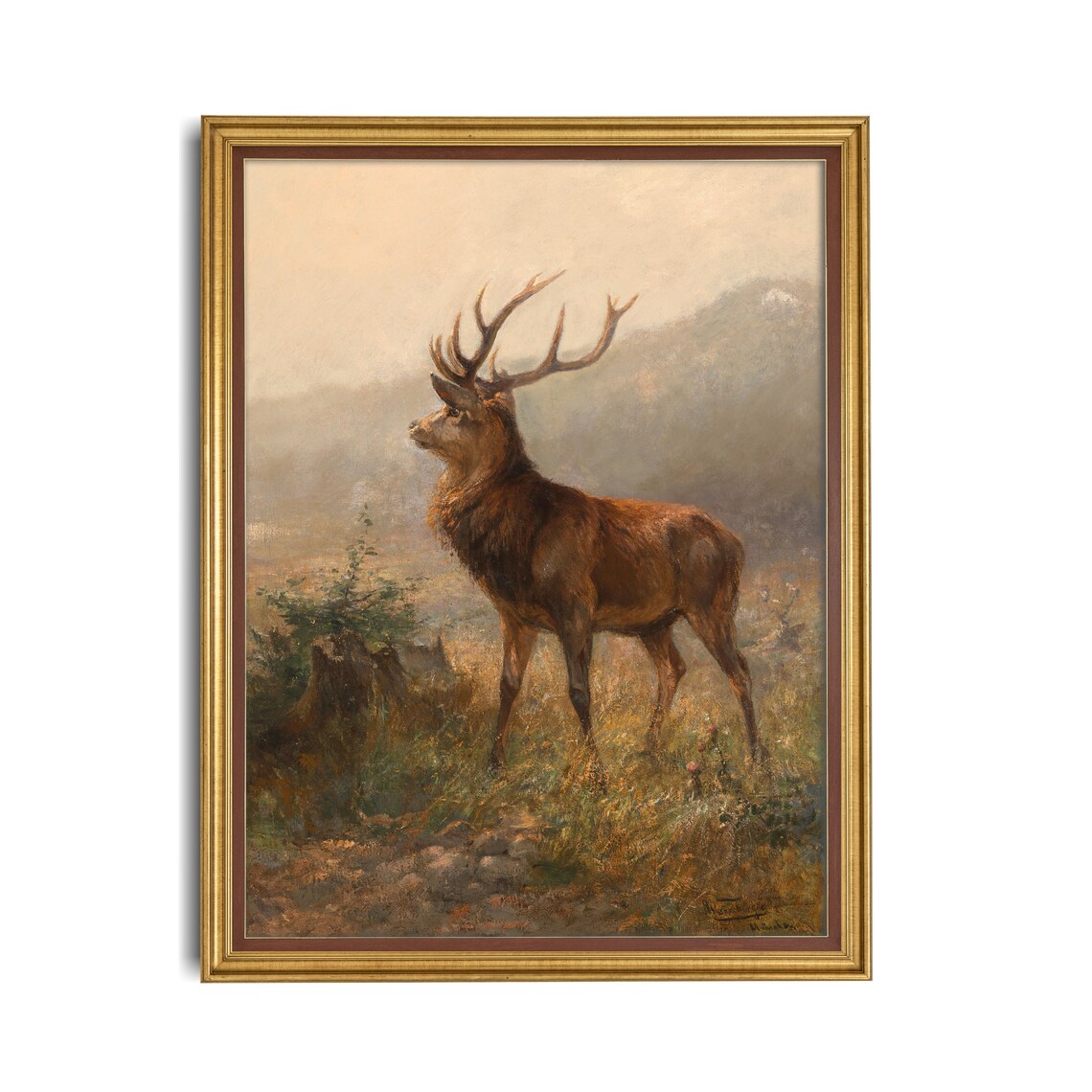 Vintage Red Deer Stag with Antlers in Misty Mountain Meadow Poster - Image 2