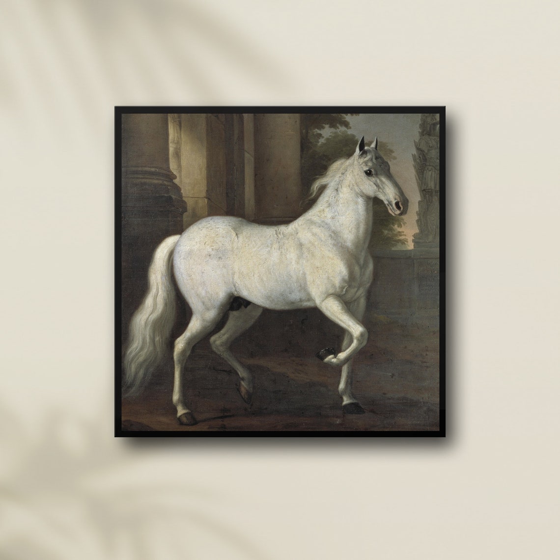 White Stallion Prancing Before Columns Classical Equestrian Poster - Image 2