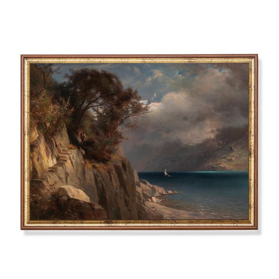 Printed And Shipped Vintage Lake Painting Rustic Moody Art Antique Art Print Landscape Wall Art Coastal Decor Physical Prints