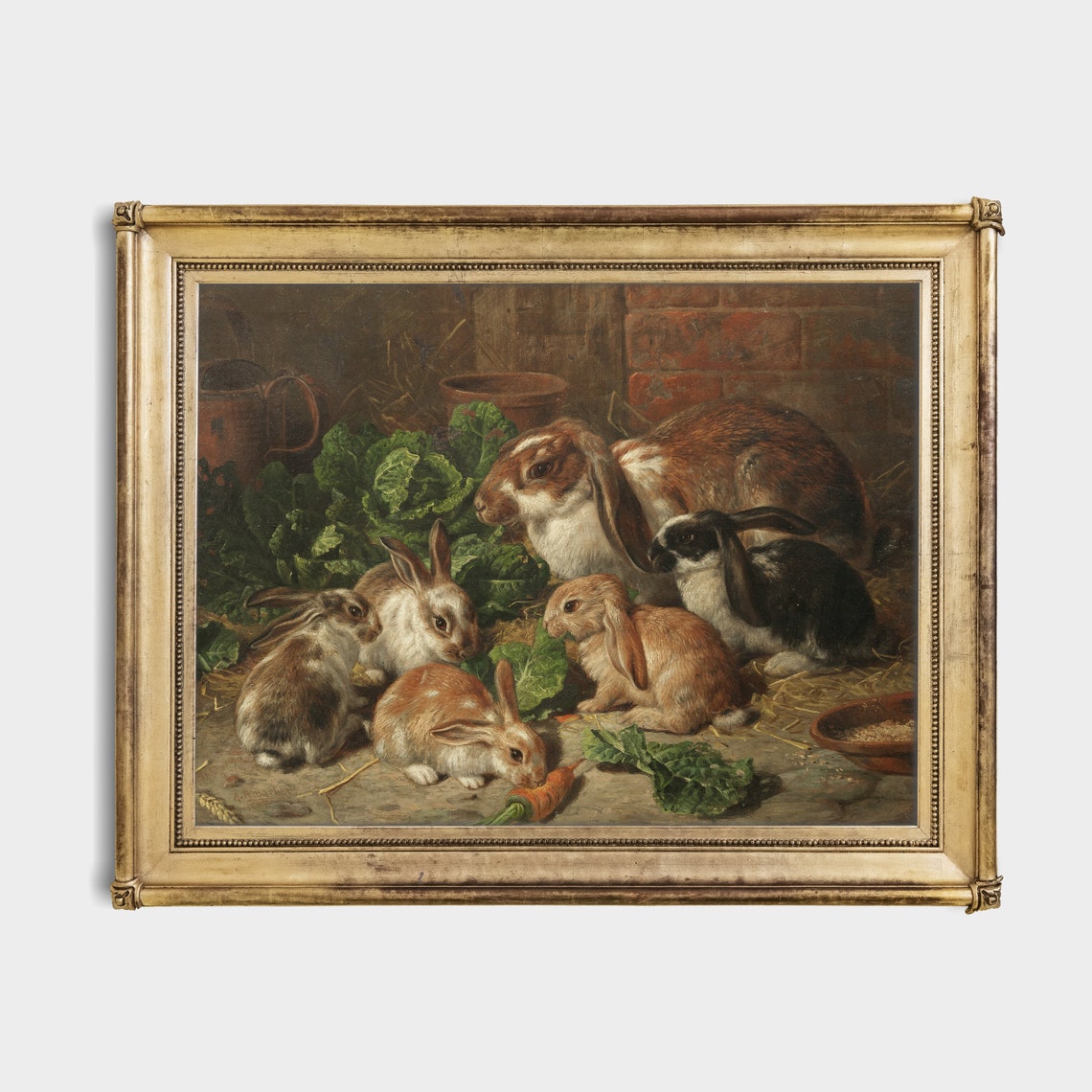 Mailed Print Vintage Rabbit Painting Antique Bunnies Print Rustic Animal Oil Painting Family Of Rabbits Print And Ship Fine Art - Image 2