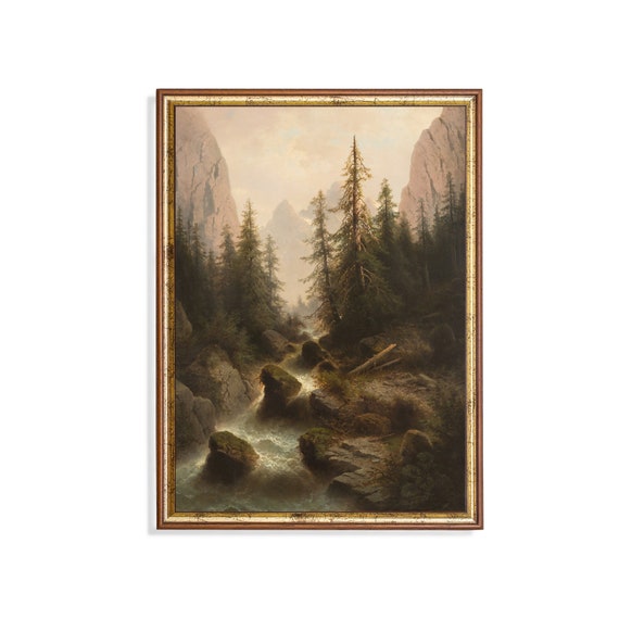 Printed And Shipped Vintage Mountain Stream Painting Antique Landscape Print Rustic Farmhouse Decor Physical Prints Fine Art