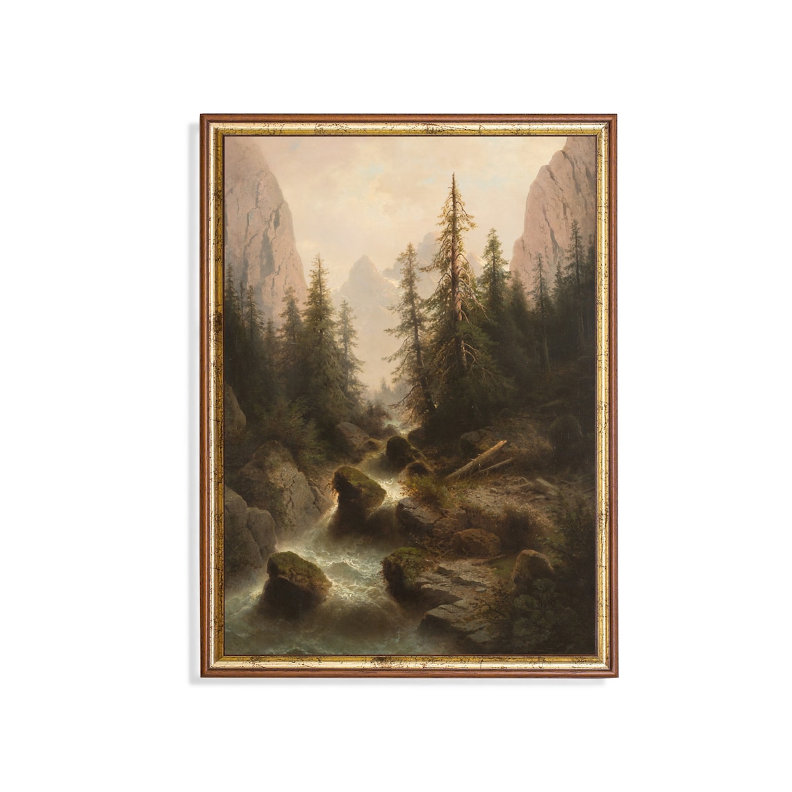 Mountain Stream Gorge with Pines Vintage Alpine Landscape Poster