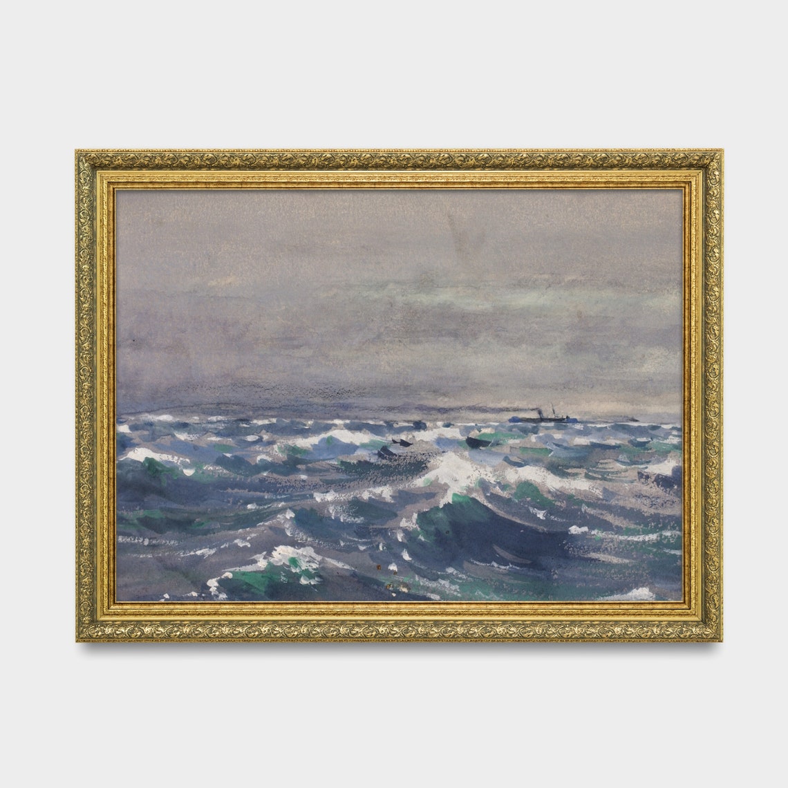 Stormy Ocean Waves with a Distant Ship Seascape Painting Poster - Image 2