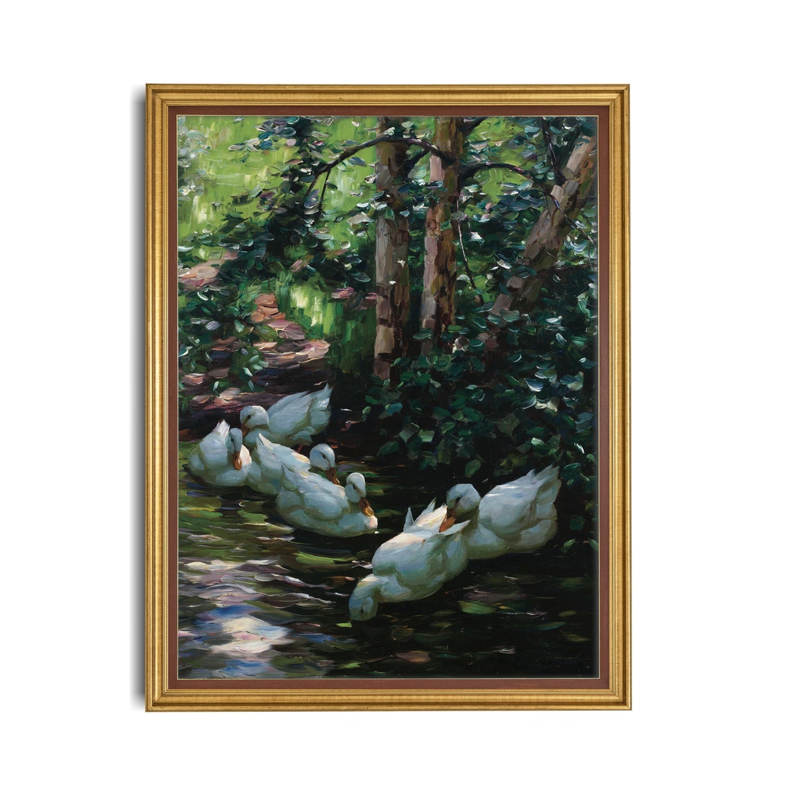 Six White Ducks Swimming in a Shady Woodland Pond Vintage Poster - Image 2