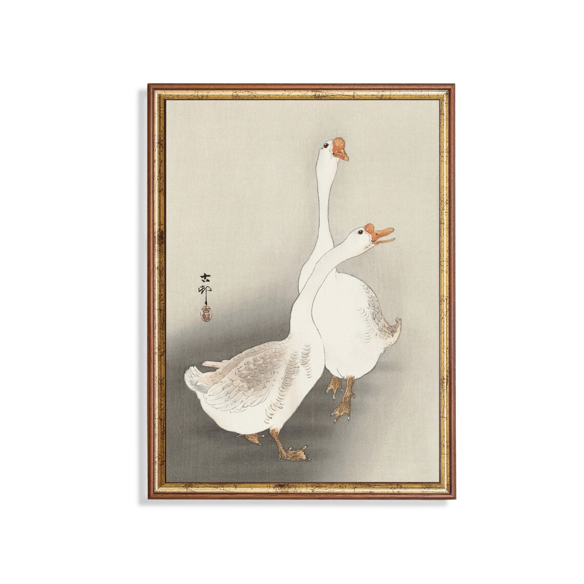 Two White Geese Japanese Woodblock Style Asian Bird Art Poster
