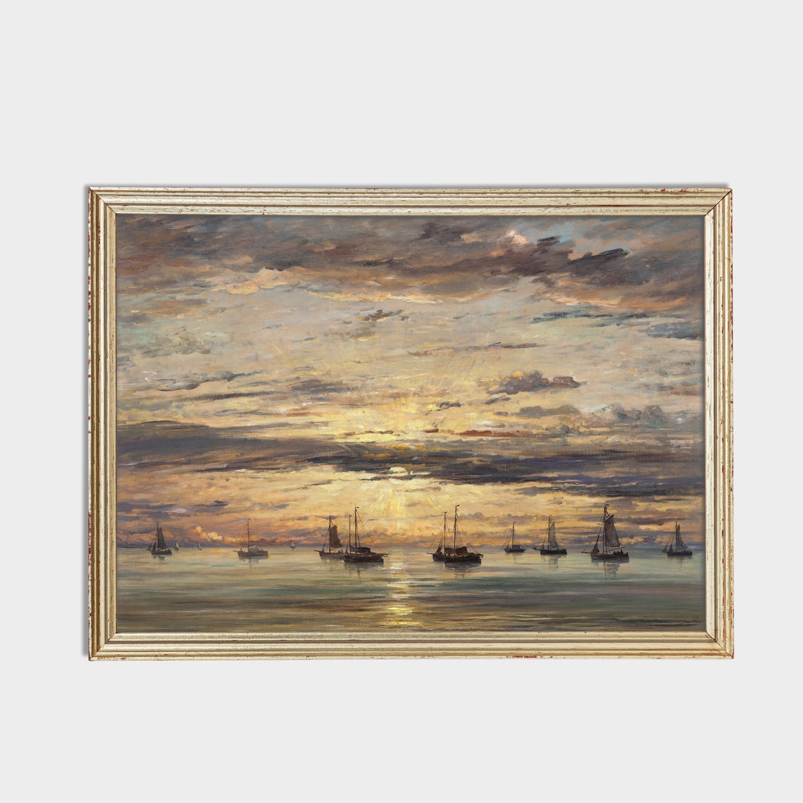 Fishing Fleet at Sunset on a Calm Golden Sea Seascape Poster - Image 2