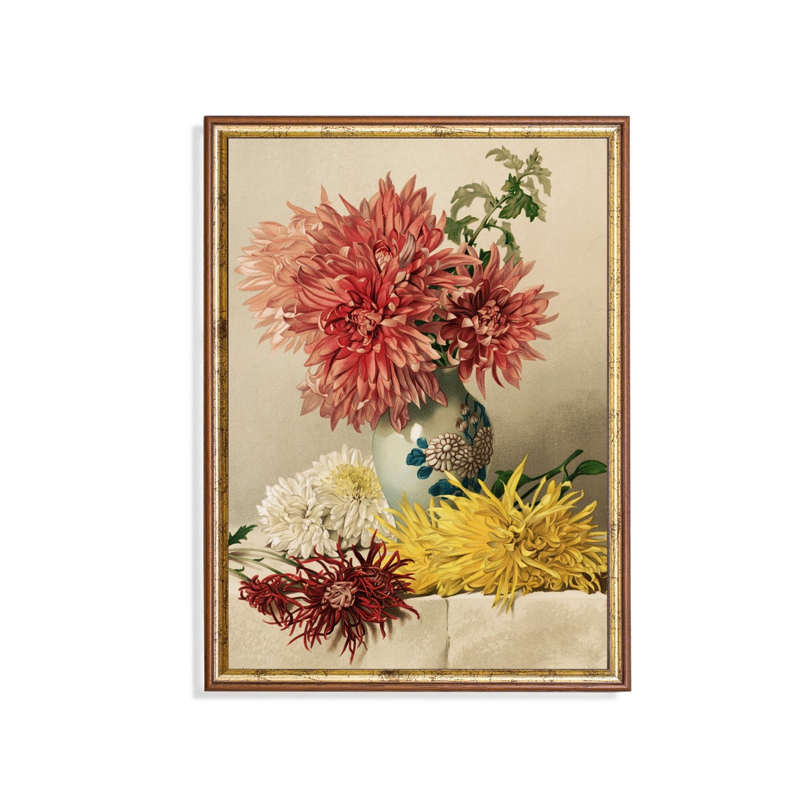 Chrysanthemums in a Decorated Vase Botanical Chromolithograph Poster
