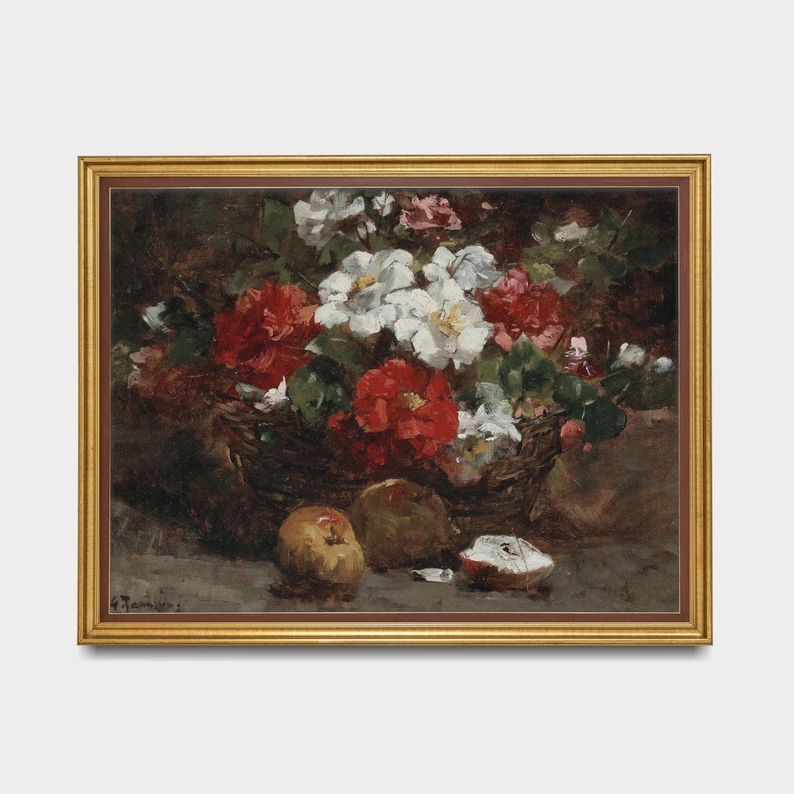 Basket of Red and White Roses with Apples Antique Still Life Poster - Image 3