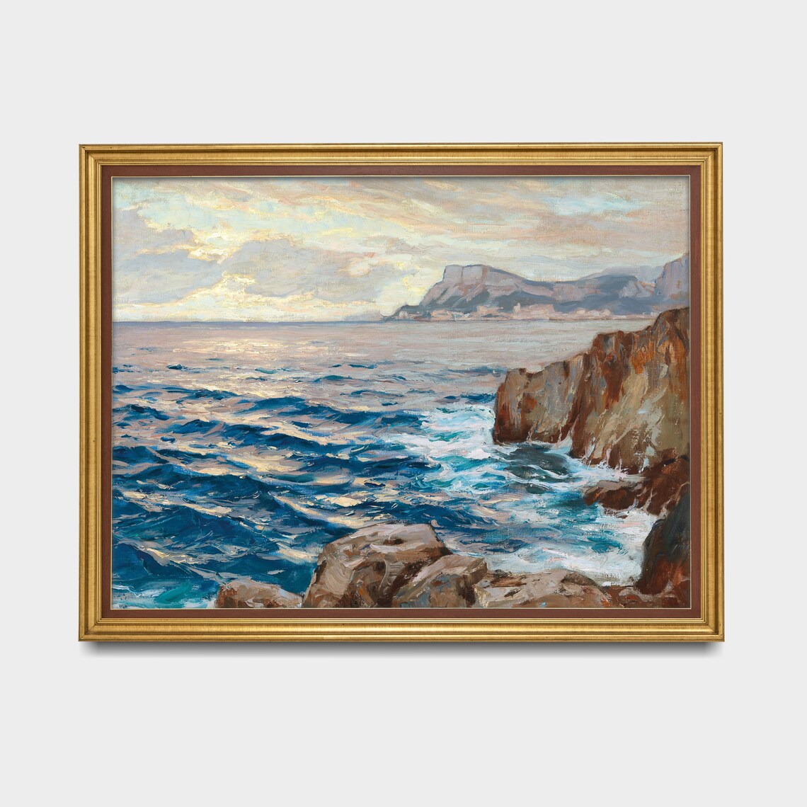 Rocky Cliffs Crashing Waves Sunset Vintage Coastal Painting Art Poster - Image 3